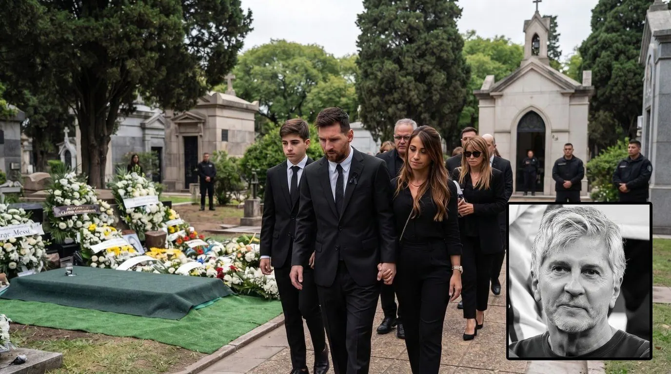 Lionel Messi en el funeral de su padre Jorge Messi en Rosario, junto a Antonela Roccuzzo y su hijo mayor