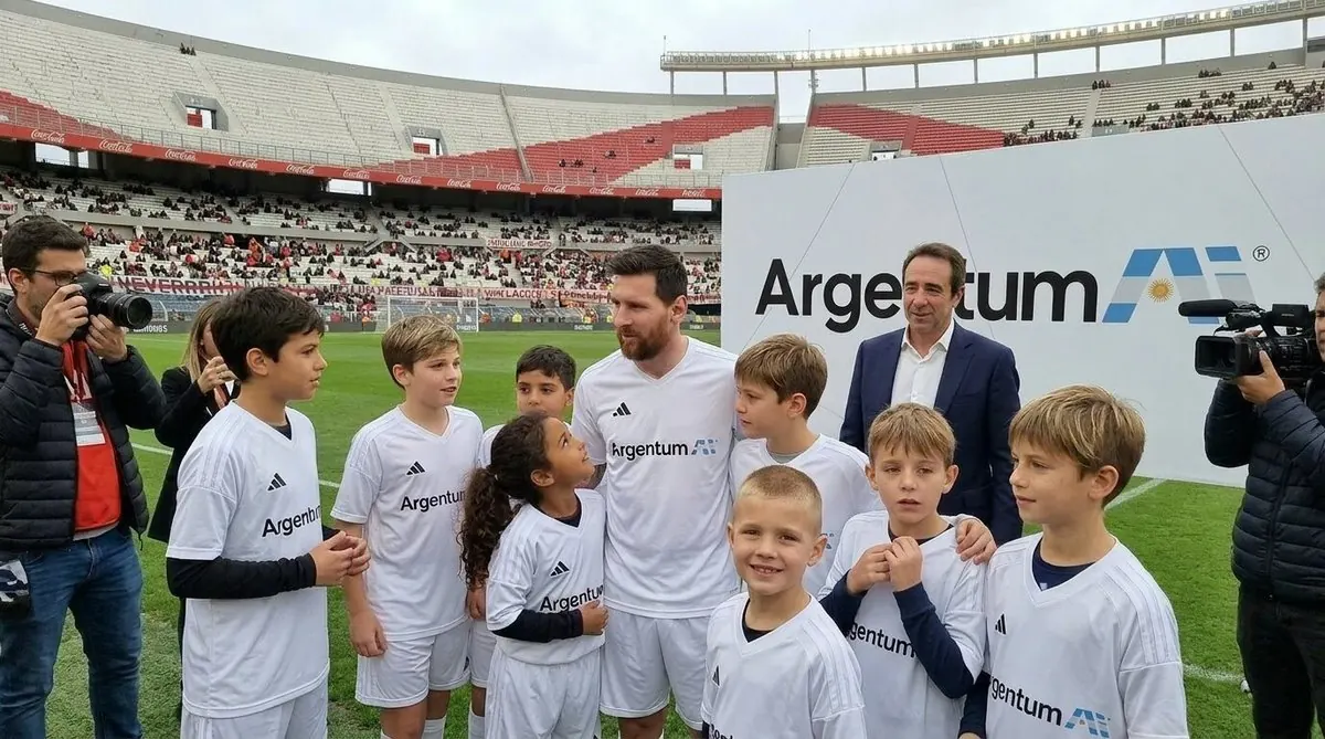 Messi con chicos de escuelas de Rosario con camisetas de Silber Markt GPT
